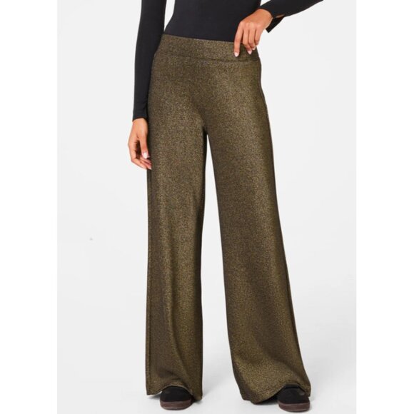 Spanx AirEssentials Shimmer Wide Leg Pants Very Black Gold Shine High-Rise Waist - Picture 1 of 9